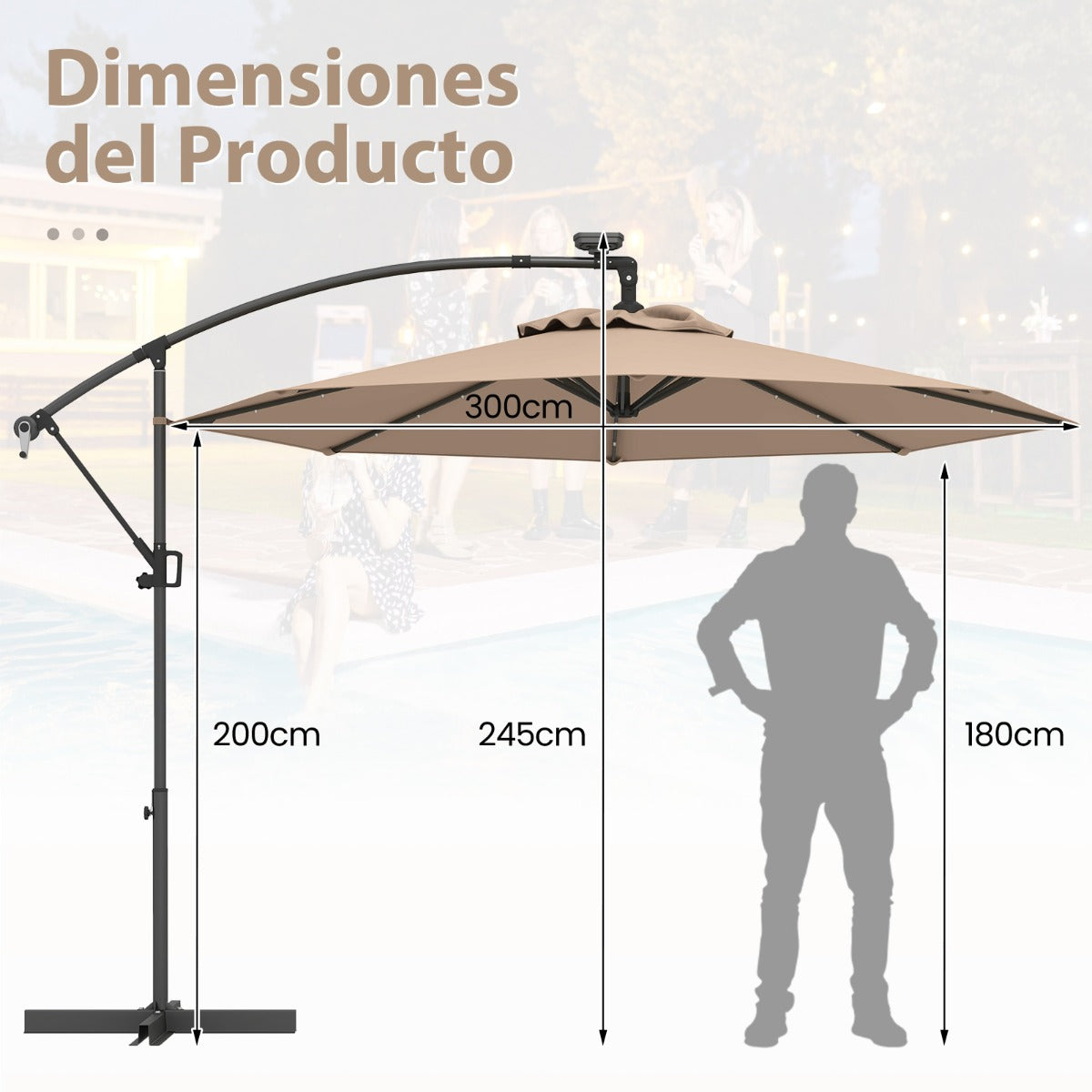 3m Sombrilla de Offset con Base Cruzada para Patio Solar con Luces LED Manivela para Rotación 8 Costillas Poste de Aluminio Café