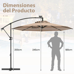 3m Sombrilla de Offset con Base Cruzada para Patio Solar con Luces LED Manivela para Rotación 8 Costillas Poste de Aluminio Café
