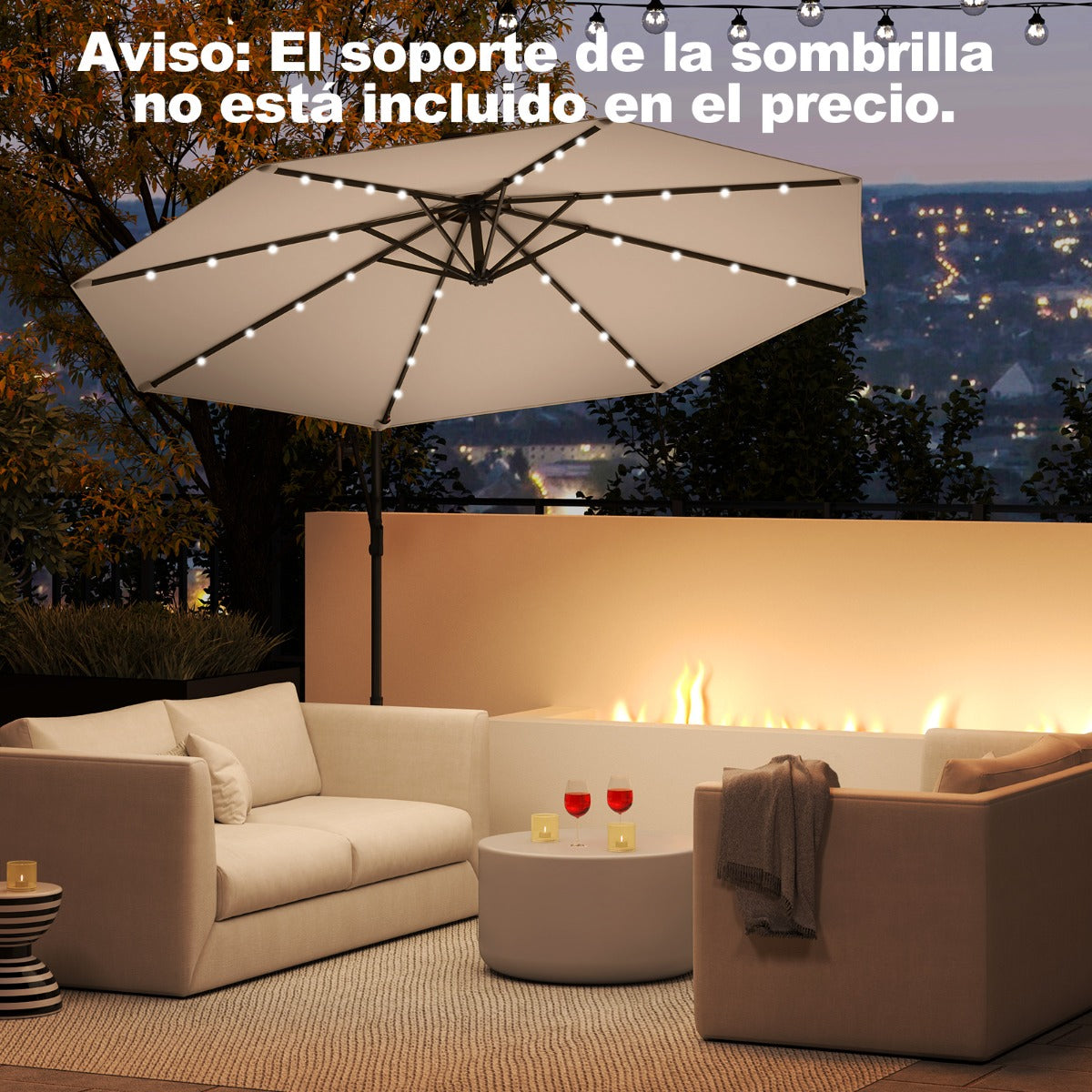 3m Sombrilla de Offset con Base Cruzada para Patio Solar con Luces LED Manivela para Rotación 8 Costillas Poste de Aluminio Café