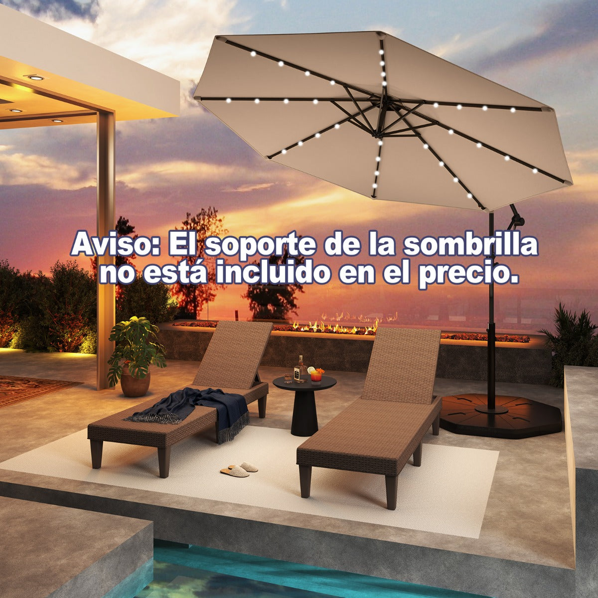 3m Sombrilla de Offset con Base Cruzada para Patio Solar con Luces LED Manivela para Rotación 8 Costillas Poste de Aluminio Café