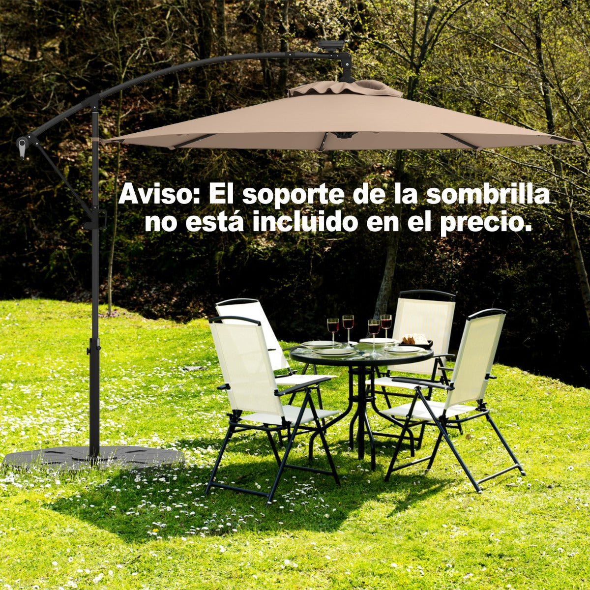 3m Sombrilla de Offset con Base Cruzada para Patio Solar con Luces LED Manivela para Rotación 8 Costillas Poste de Aluminio Café