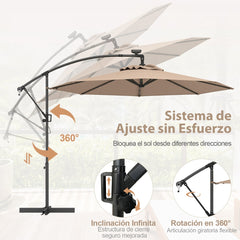 3m Sombrilla de Offset con Base Cruzada para Patio Solar con Luces LED Manivela para Rotación 8 Costillas Poste de Aluminio Café