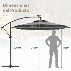 3m Sombrilla de Exterior Rotación de 360° con 32 Luces LED Fácil Ajuste de Inclinación Manivela Gris