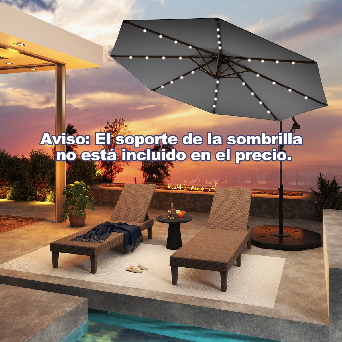 3m Sombrilla de Exterior Rotación de 360° con 32 Luces LED Fácil Ajuste de Inclinación Manivela Gris