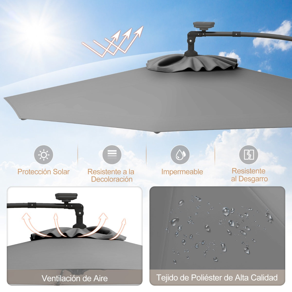 3m Sombrilla de Exterior Rotación de 360° con 32 Luces LED Fácil Ajuste de Inclinación Manivela Gris
