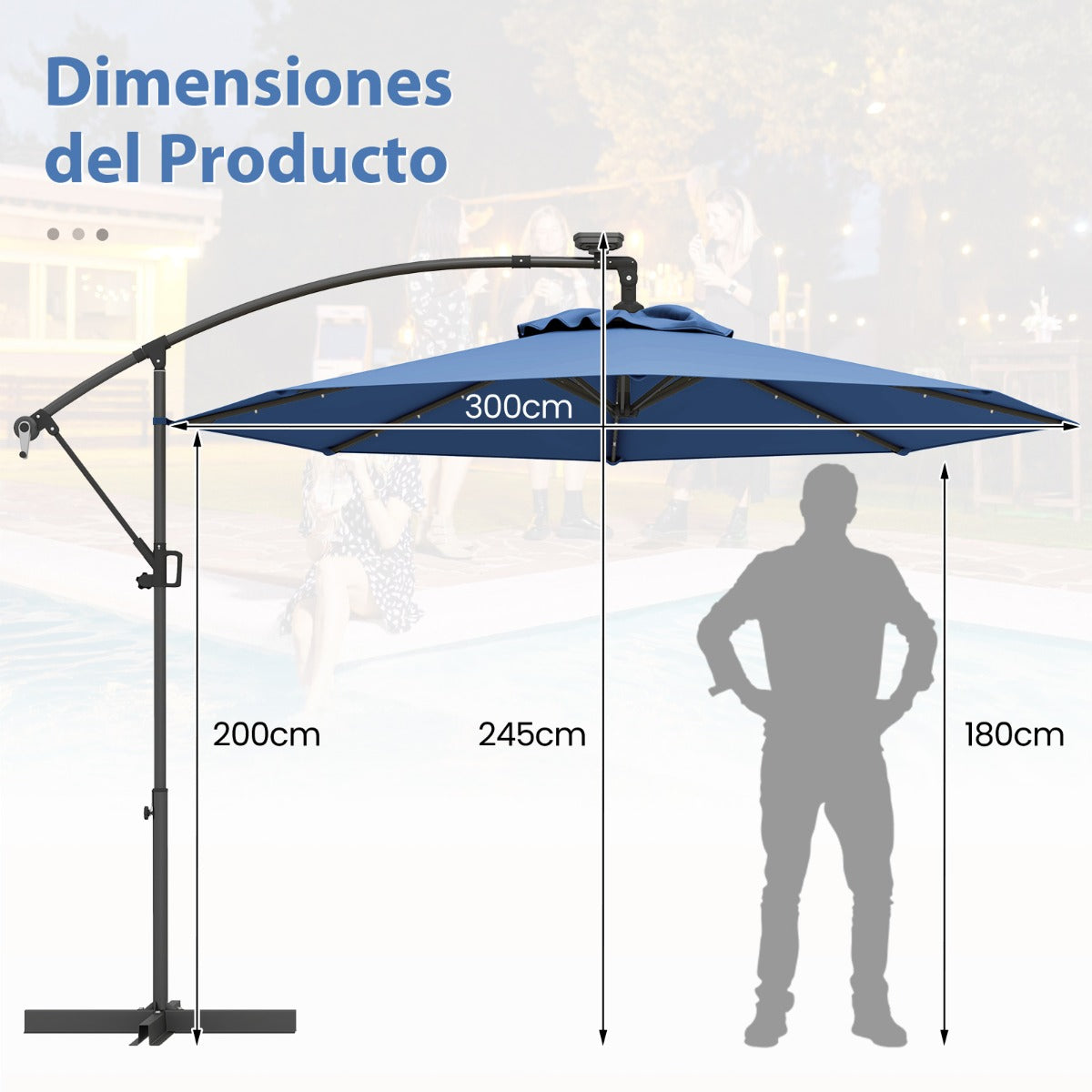 3m Sombrilla de Exterior Rotación de 360° con 32 Luces LED Fácil Ajuste de Inclinación Manivela Azul