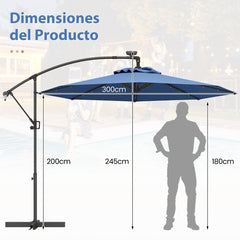 3m Sombrilla de Exterior Rotación de 360° con 32 Luces LED Fácil Ajuste de Inclinación Manivela Azul
