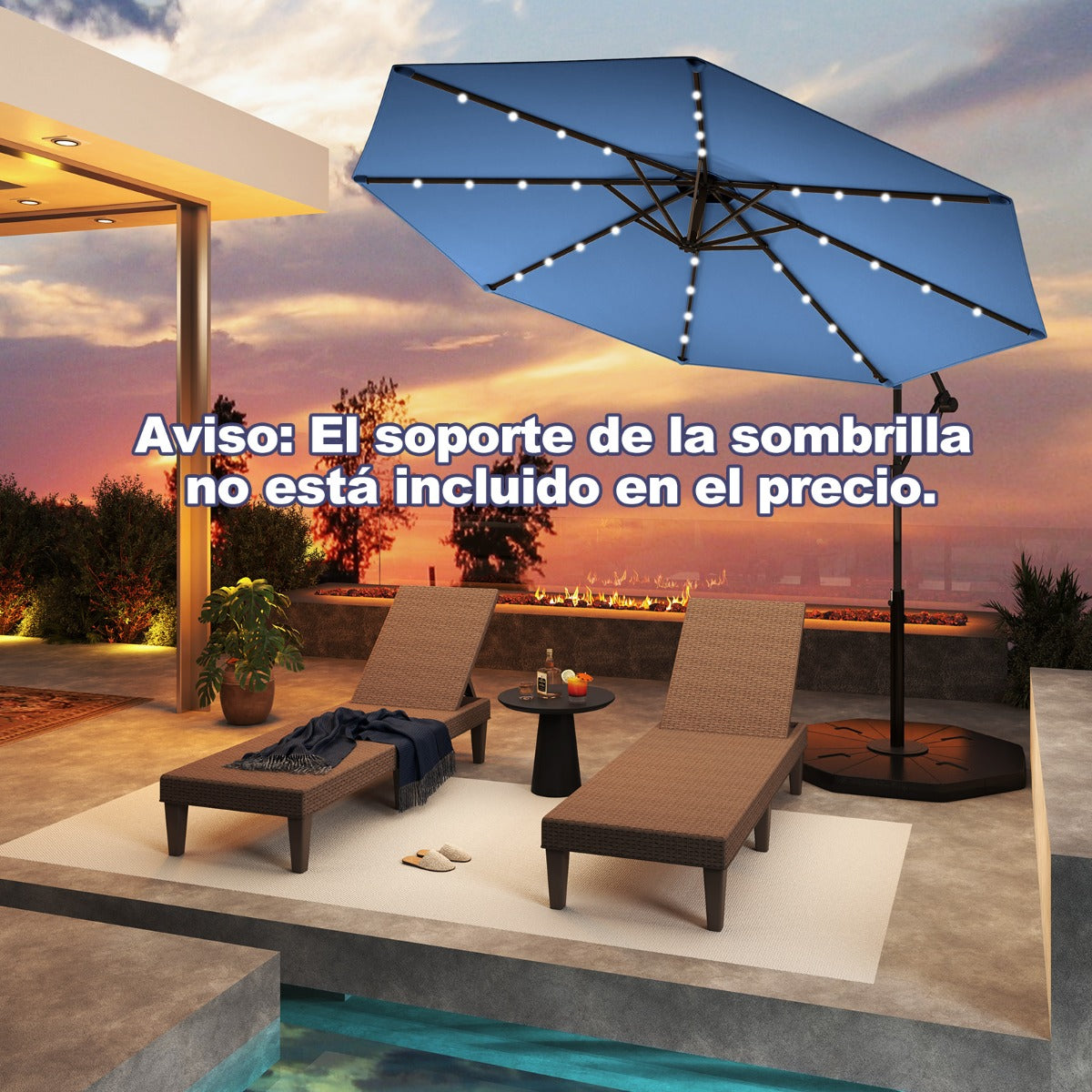 3m Sombrilla de Exterior Rotación de 360° con 32 Luces LED Fácil Ajuste de Inclinación Manivela Azul
