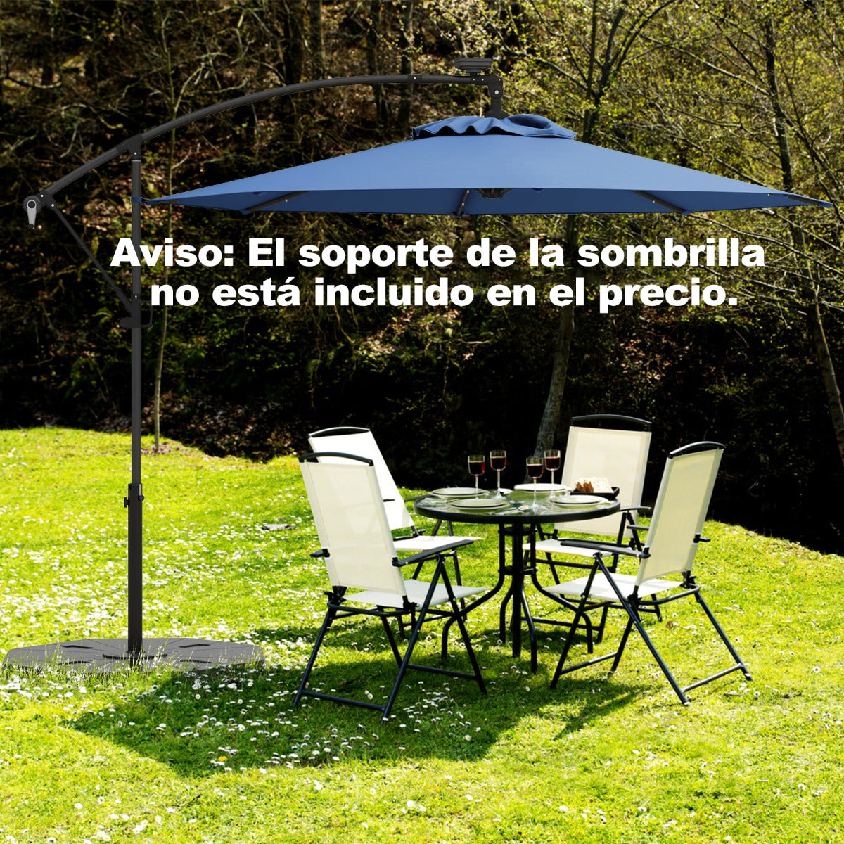 3m Sombrilla de Exterior Rotación de 360° con 32 Luces LED Fácil Ajuste de Inclinación Manivela Azul