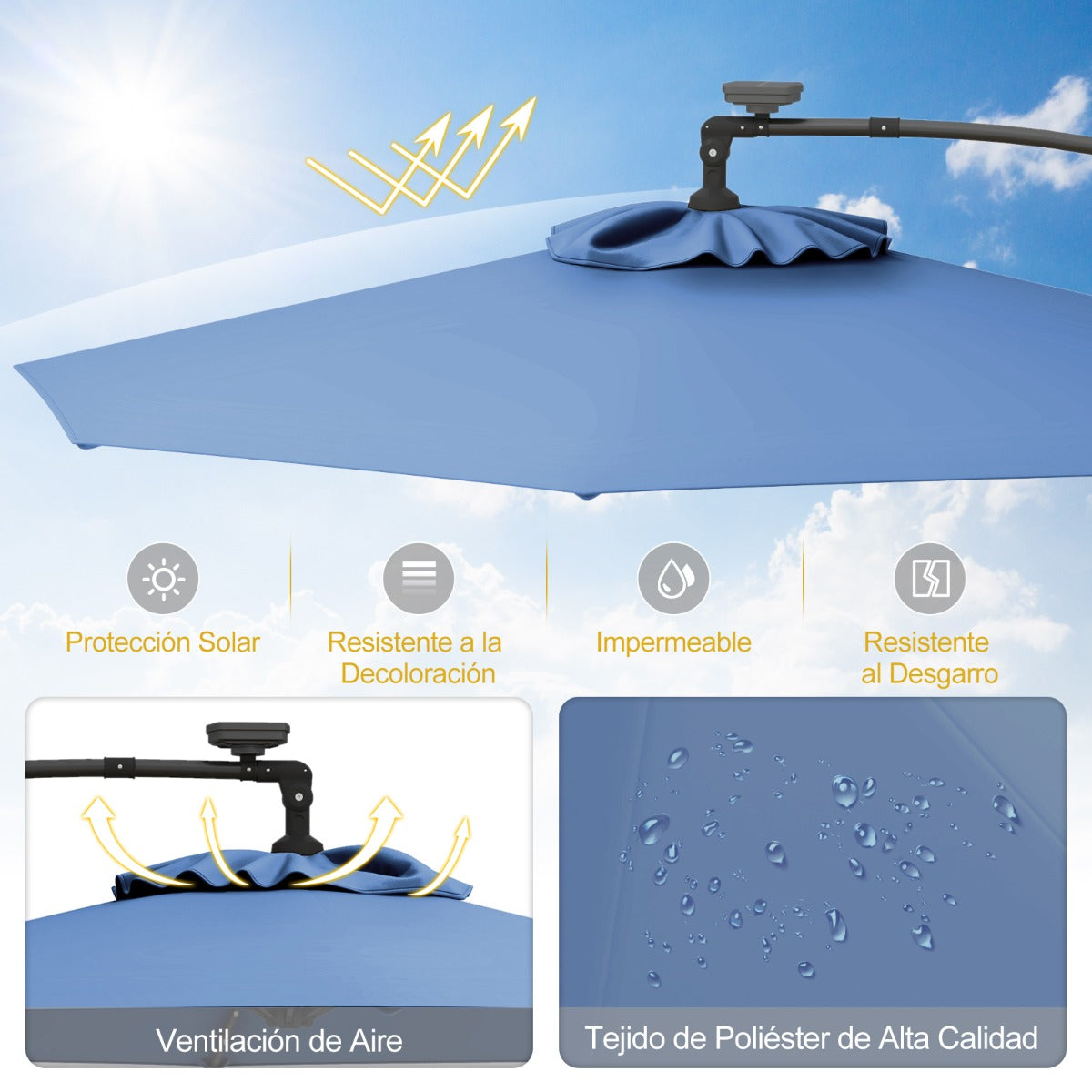 3m Sombrilla de Exterior Rotación de 360° con 32 Luces LED Fácil Ajuste de Inclinación Manivela Azul