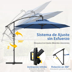 3m Sombrilla de Exterior Rotación de 360° con 32 Luces LED Fácil Ajuste de Inclinación Manivela Azul