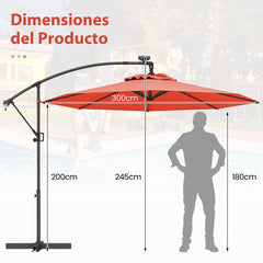 3m Sombrilla de Exterior Rotación de 360° con 32 Luces LED Fácil Ajuste de Inclinación Manivela Naranja