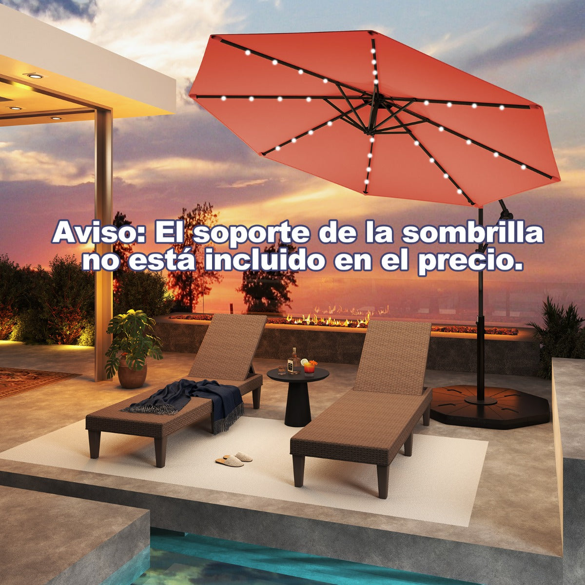 3m Sombrilla de Exterior Rotación de 360° con 32 Luces LED Fácil Ajuste de Inclinación Manivela Naranja