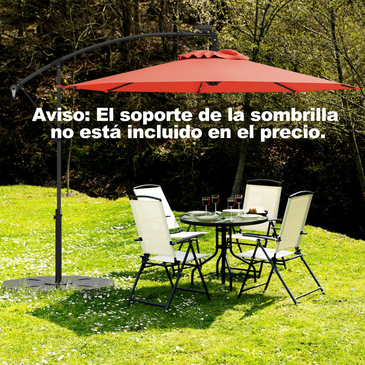 3m Sombrilla de Exterior Rotación de 360° con 32 Luces LED Fácil Ajuste de Inclinación Manivela Naranja