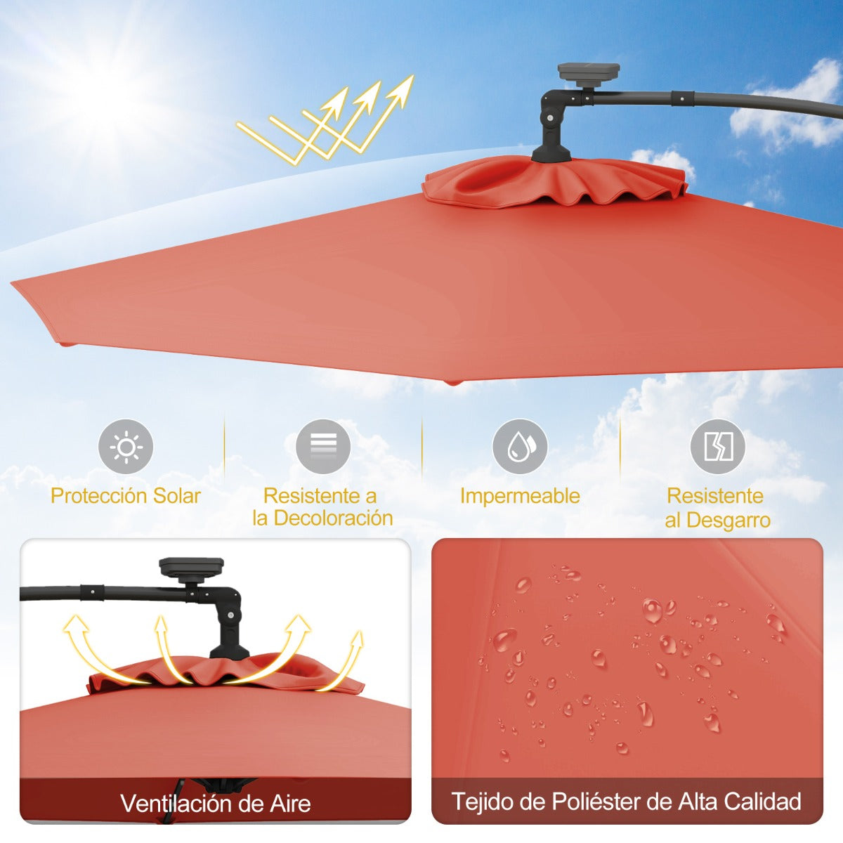 3m Sombrilla de Exterior Rotación de 360° con 32 Luces LED Fácil Ajuste de Inclinación Manivela Naranja