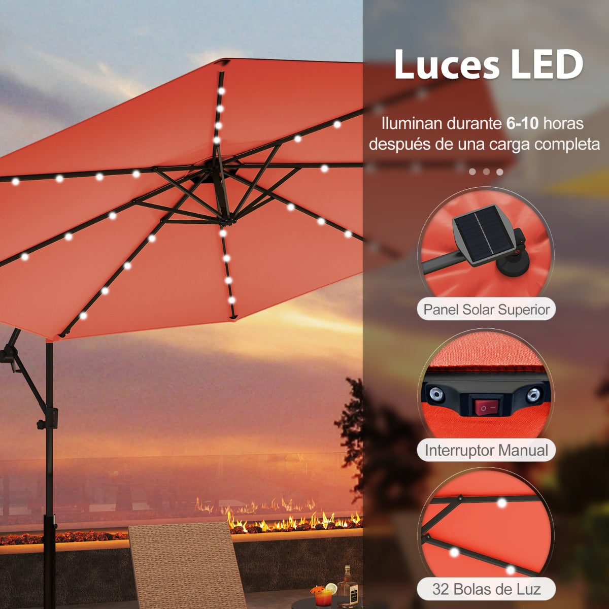 3m Sombrilla de Exterior Rotación de 360° con 32 Luces LED Fácil Ajuste de Inclinación Manivela Naranja