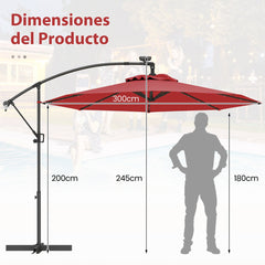 3m Sombrilla de Exterior Rotación de 360° con 32 Luces LED Fácil Ajuste de Inclinación Manivela Rojo