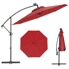 3m Sombrilla de Exterior Rotación de 360° con 32 Luces LED Fácil Ajuste de Inclinación Manivela Rojo