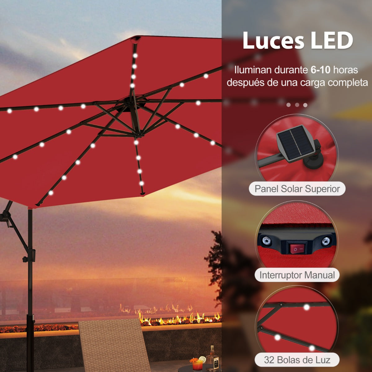 3m Sombrilla de Exterior Rotación de 360° con 32 Luces LED Fácil Ajuste de Inclinación Manivela Rojo