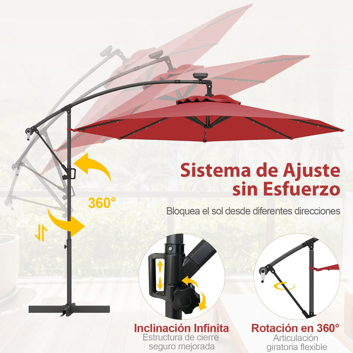 3m Sombrilla de Exterior Rotación de 360° con 32 Luces LED Fácil Ajuste de Inclinación Manivela Rojo