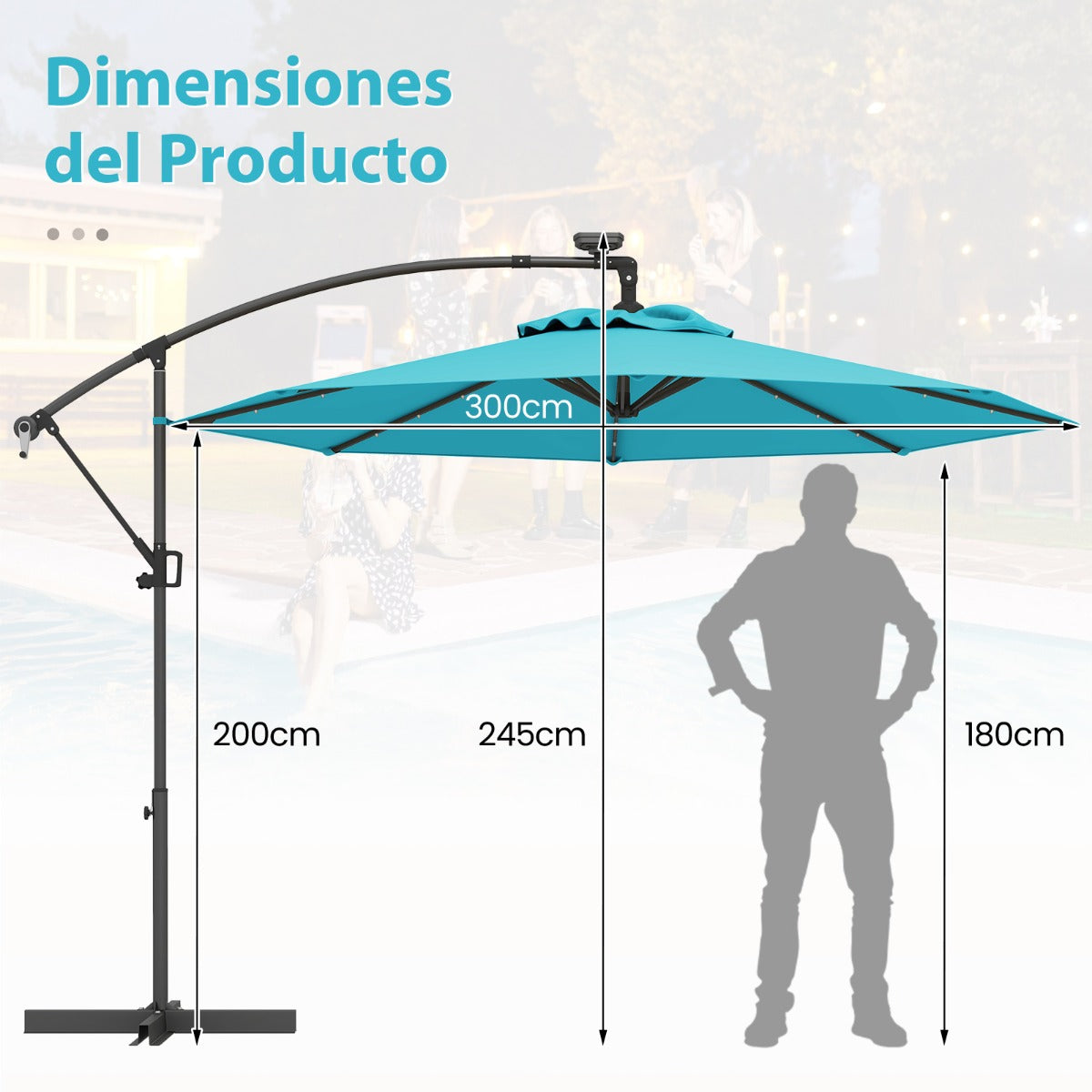 3m Sombrilla de Exterior Rotación de 360° con 32 Luces LED Fácil Ajuste de Inclinación Manivela Turquesa