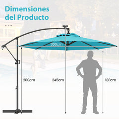 3m Sombrilla de Exterior Rotación de 360° con 32 Luces LED Fácil Ajuste de Inclinación Manivela Turquesa