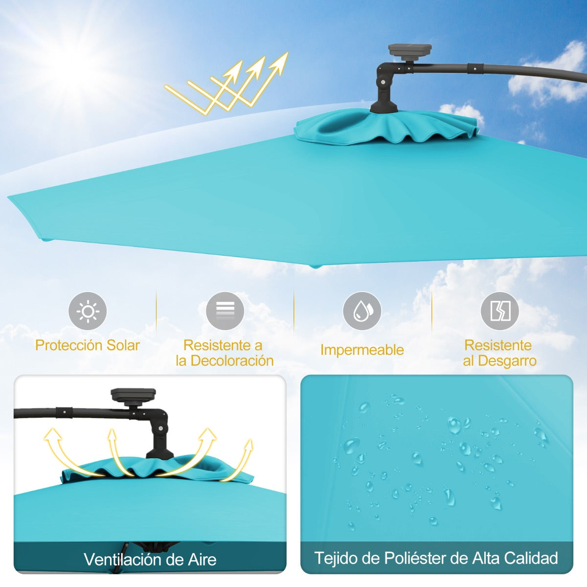 3m Sombrilla de Exterior Rotación de 360° con 32 Luces LED Fácil Ajuste de Inclinación Manivela Turquesa