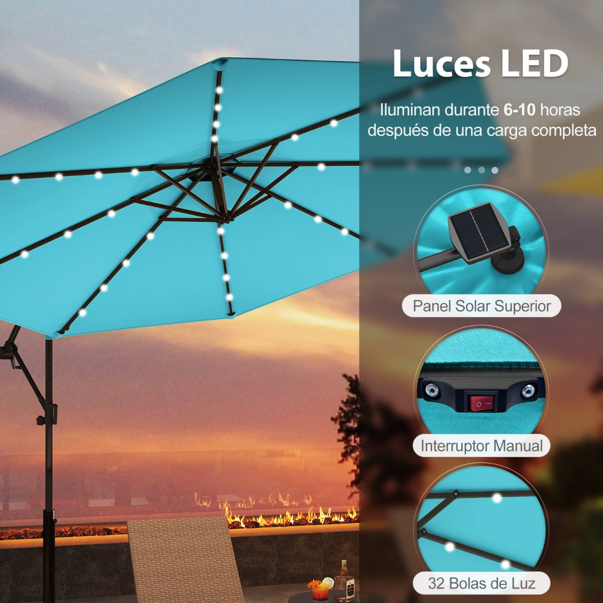 3m Sombrilla de Exterior Rotación de 360° con 32 Luces LED Fácil Ajuste de Inclinación Manivela Turquesa