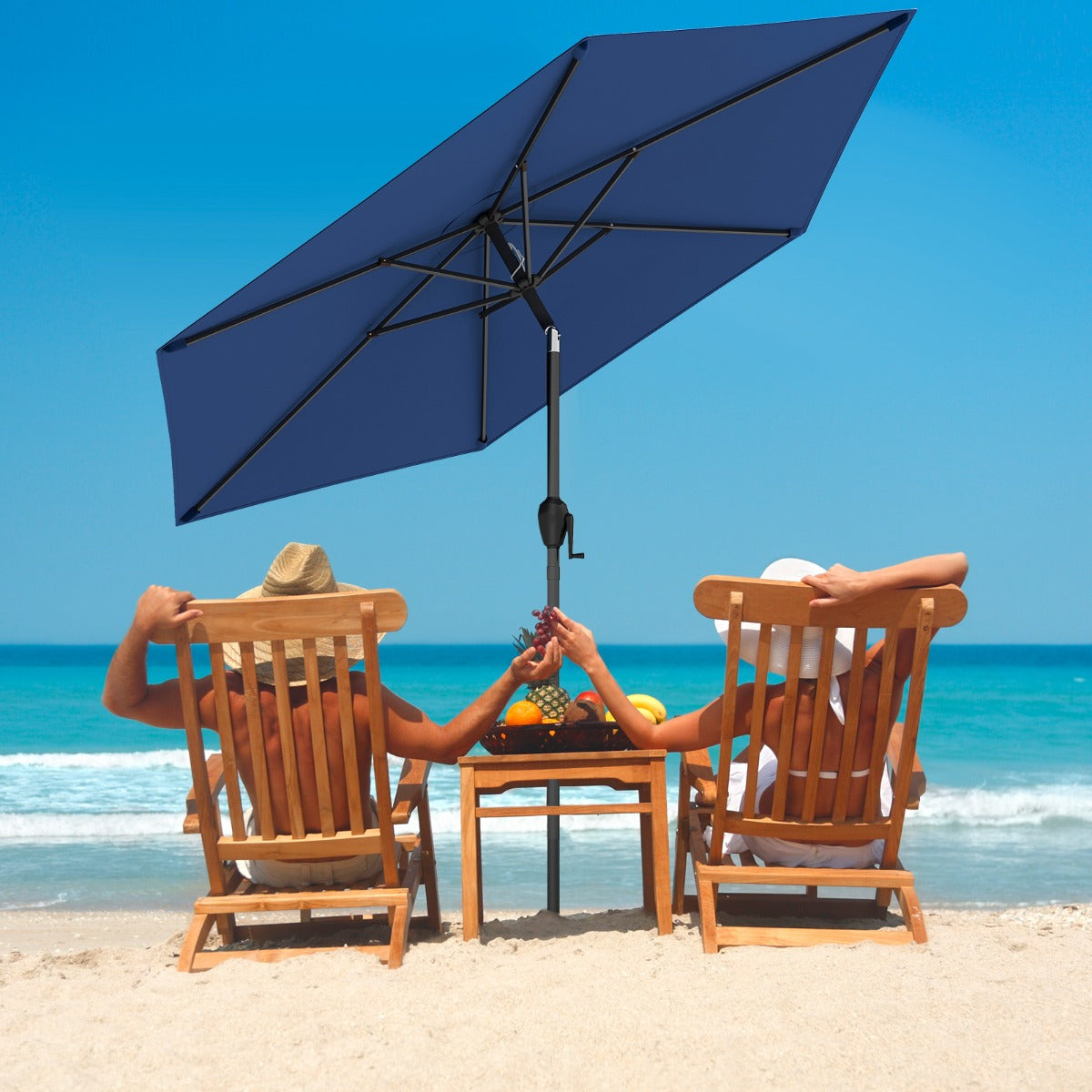 Sombrilla de Patio con Sistema de Inclinación con Botón Manivela Techo Ventilado 230 x 230 x 220 cm-Azul marino