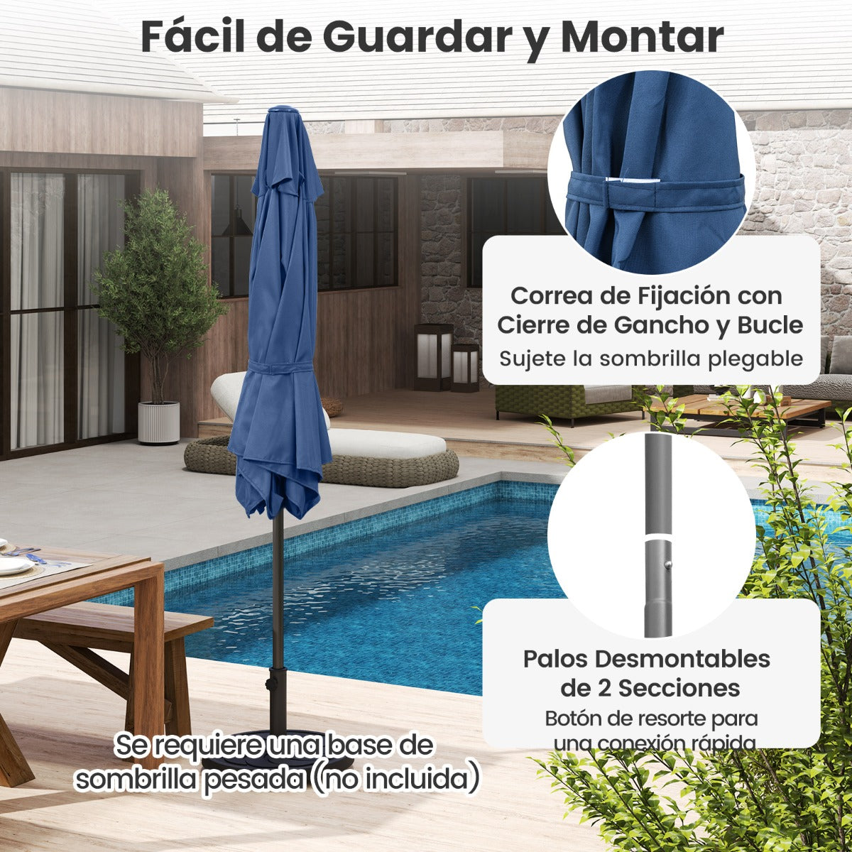 Sombrilla de Patio con Sistema de Inclinación con Botón Manivela Techo Ventilado 230 x 230 x 220 cm-Azul marino