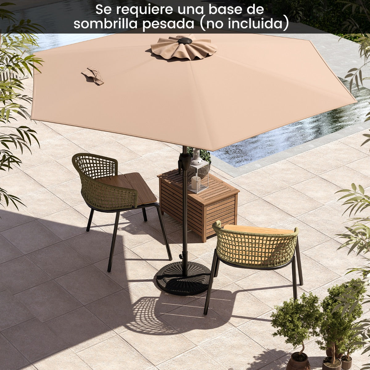 Sombrilla de Patio con Sistema de Inclinación con Botón Manivela Techo Ventilado 230 x 230 x 220 cm-Marrón claro