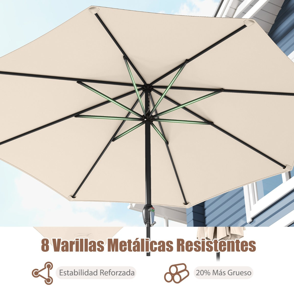 Sombrilla de Patio 260 x 260 x 225 cm con Mango de Manivela 8 Varillas Parte Superior Ventilada Protección Solar-Beige