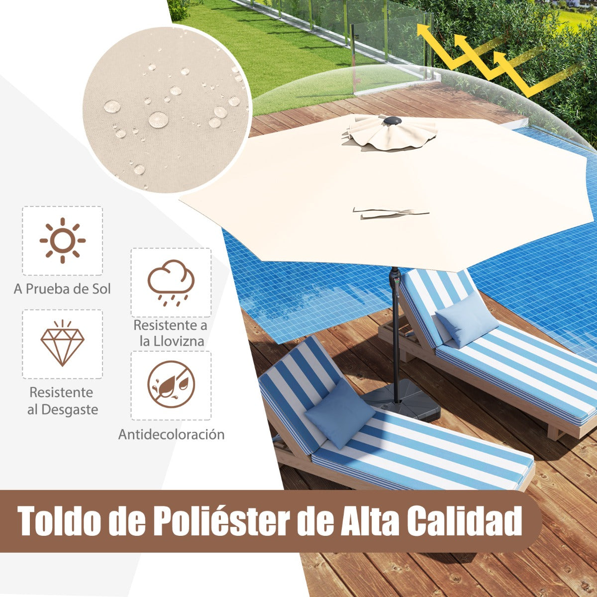 Sombrilla de Patio 260 x 260 x 225 cm con Mango de Manivela 8 Varillas Parte Superior Ventilada Protección Solar-Beige
