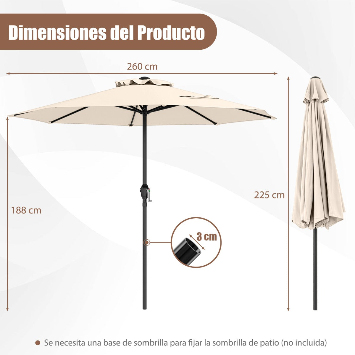 Sombrilla de Patio 260 x 260 x 225 cm con Mango de Manivela 8 Varillas Parte Superior Ventilada Protección Solar-Beige