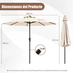 Sombrilla de Patio 260 x 260 x 225 cm con Mango de Manivela 8 Varillas Parte Superior Ventilada Protección Solar-Beige