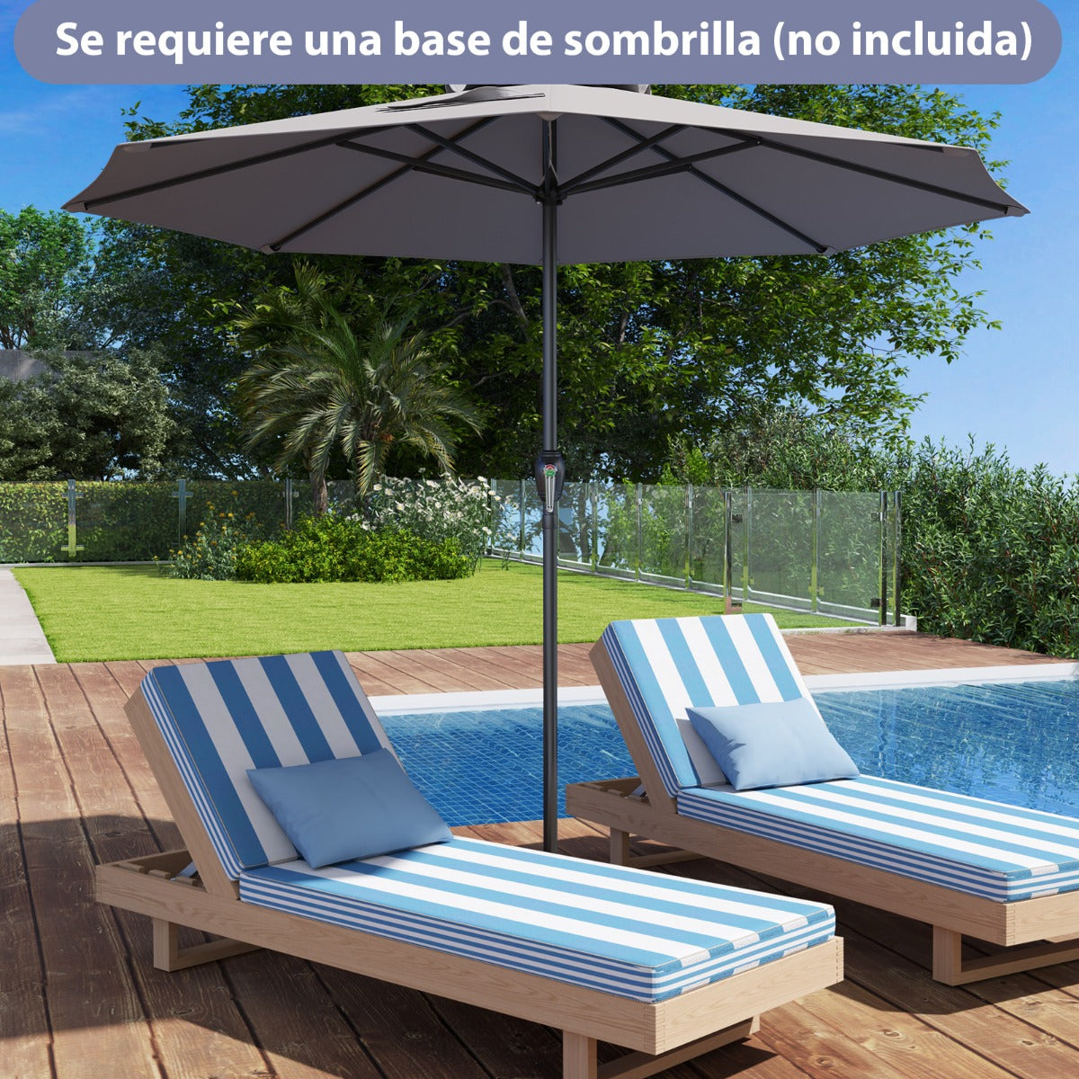 Sombrilla de Patio 260 x 260 x 225 cm con Mango de Manivela 8 Varillas Parte Superior Ventilada Protección Solar-Gris