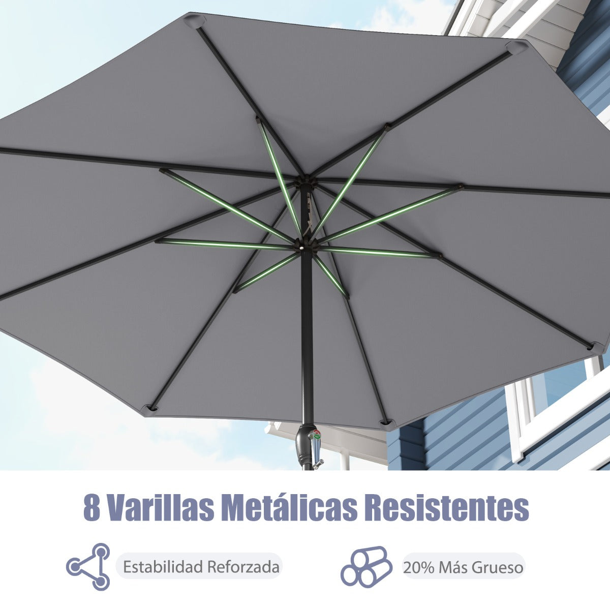 Sombrilla de Patio 260 x 260 x 225 cm con Mango de Manivela 8 Varillas Parte Superior Ventilada Protección Solar-Gris