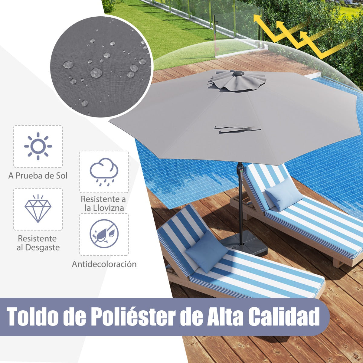 Sombrilla de Patio 260 x 260 x 225 cm con Mango de Manivela 8 Varillas Parte Superior Ventilada Protección Solar-Gris