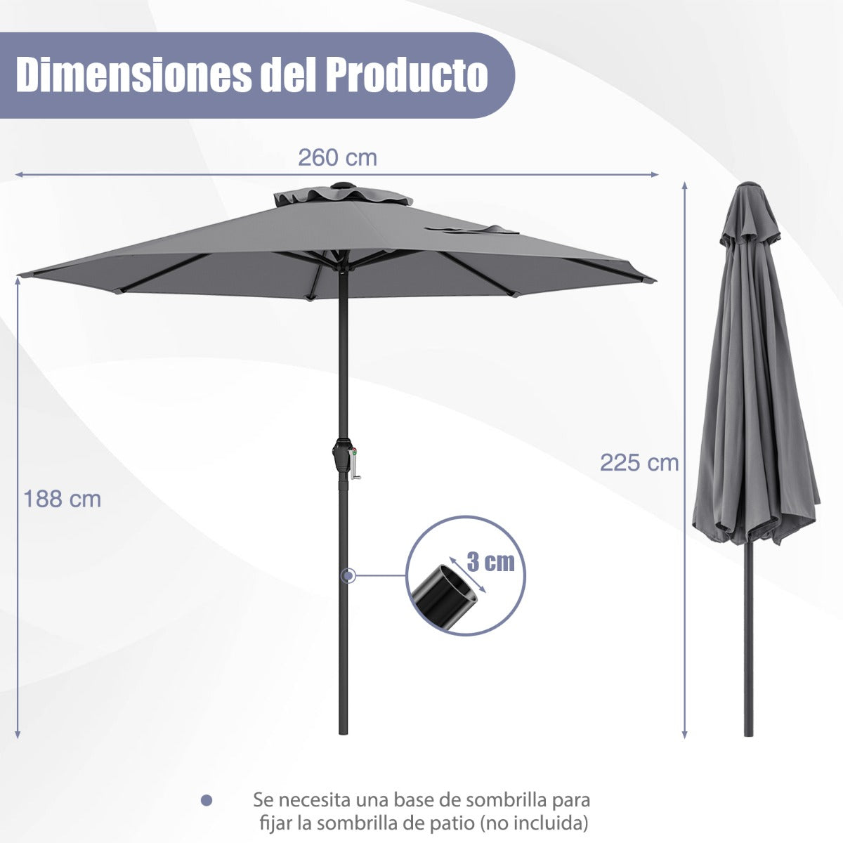 Sombrilla de Patio 260 x 260 x 225 cm con Mango de Manivela 8 Varillas Parte Superior Ventilada Protección Solar-Gris