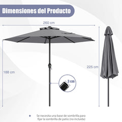 Sombrilla de Patio 260 x 260 x 225 cm con Mango de Manivela 8 Varillas Parte Superior Ventilada Protección Solar-Gris