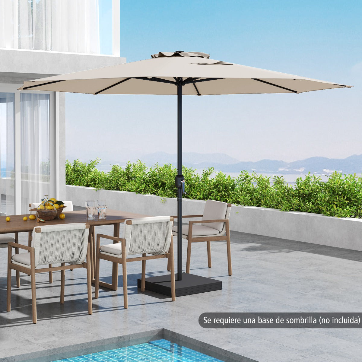 Sombrilla de Exterior con Mango de Manivela 8 Varillas Protector Solar y Resistente a la Lluvia para Jardín 360 x 250 cm-Beige