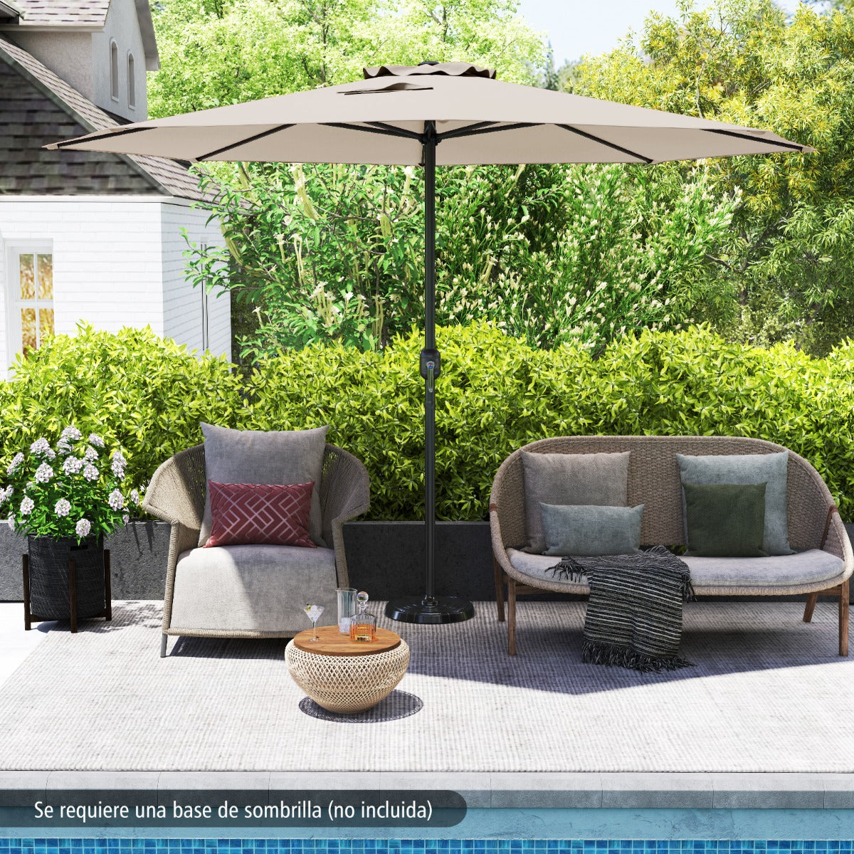 Sombrilla de Exterior con Mango de Manivela 8 Varillas Protector Solar y Resistente a la Lluvia para Jardín 360 x 250 cm-Beige
