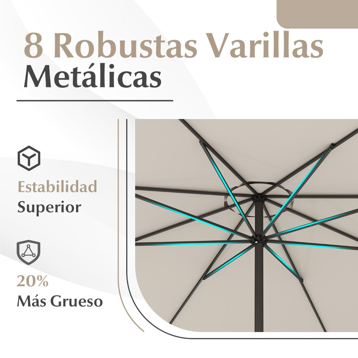 Sombrilla de Exterior con Mango de Manivela 8 Varillas Protector Solar y Resistente a la Lluvia para Jardín 360 x 250 cm-Beige