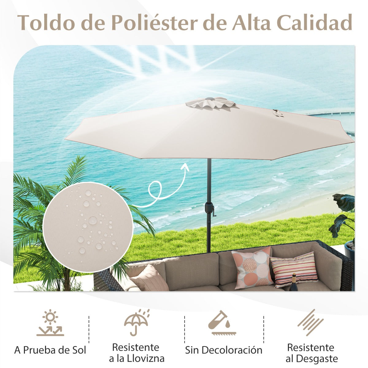 Sombrilla de Exterior con Mango de Manivela 8 Varillas Protector Solar y Resistente a la Lluvia para Jardín 360 x 250 cm-Beige