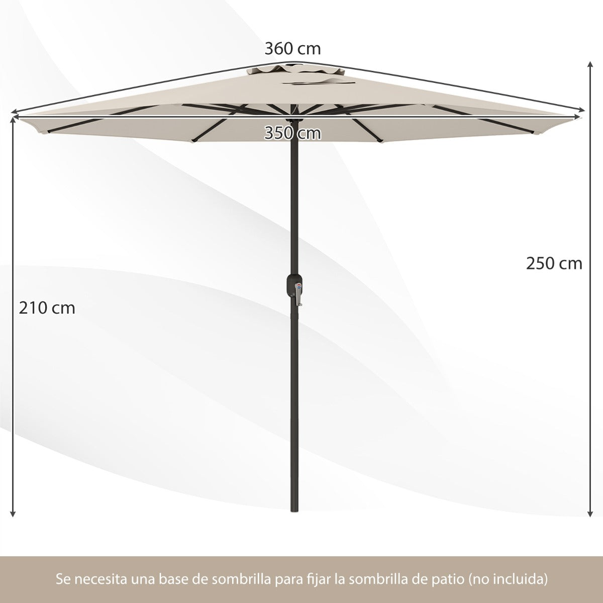 Sombrilla de Exterior con Mango de Manivela 8 Varillas Protector Solar y Resistente a la Lluvia para Jardín 360 x 250 cm-Beige