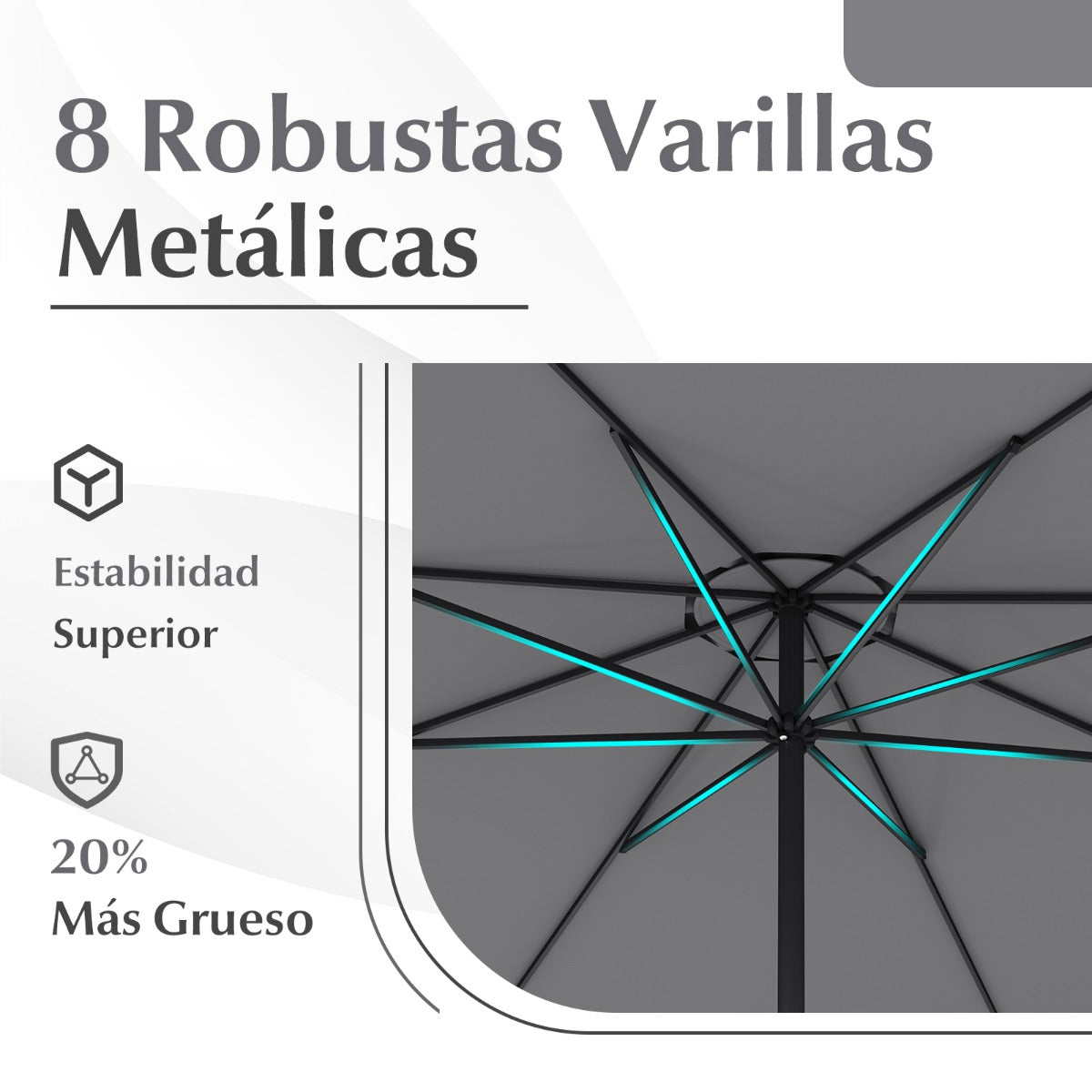 Sombrilla de Exterior con Mango de Manivela 8 Varillas Protector Solar y Resistente a la Lluvia para Jardín 360 x 250 cm-Gris