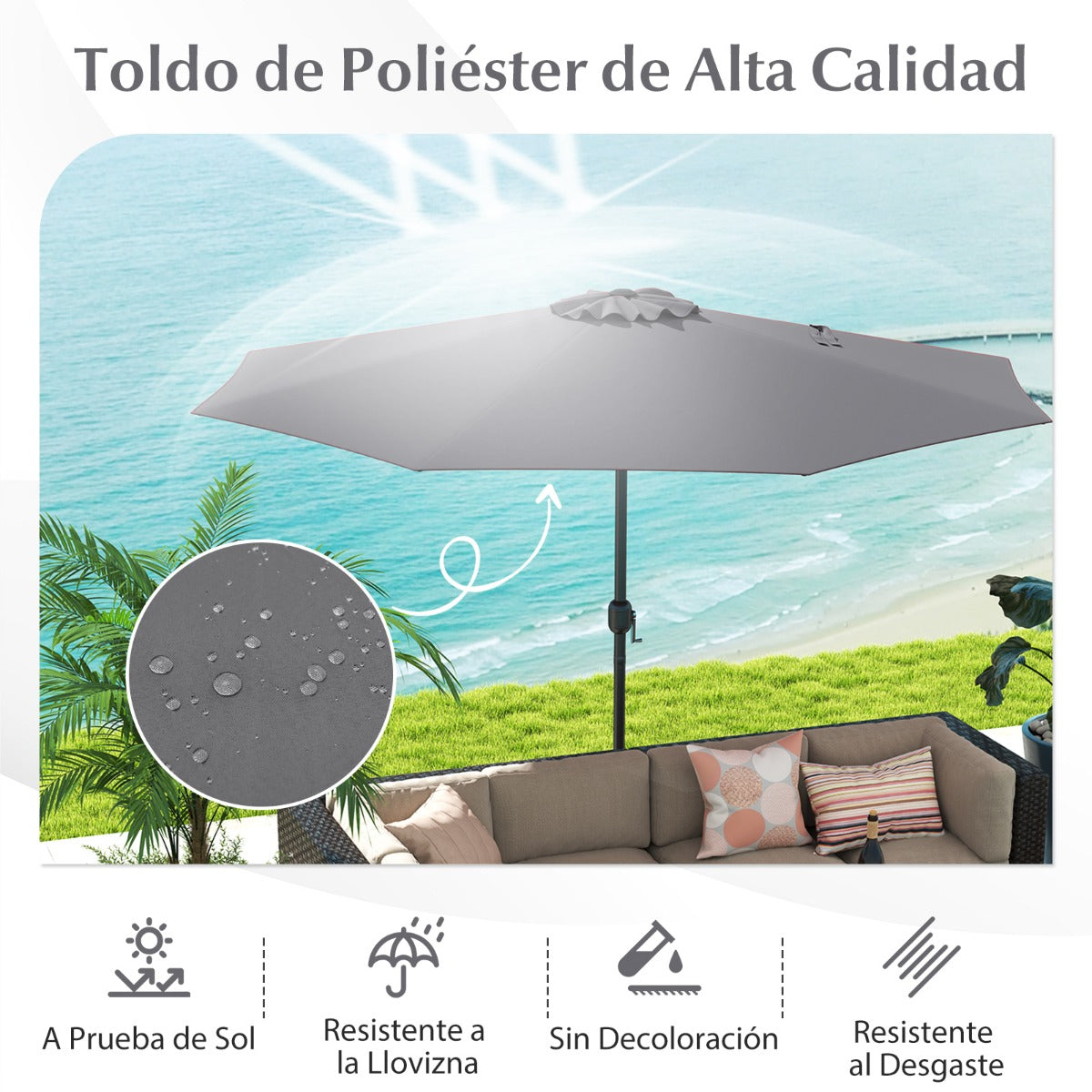 Sombrilla de Exterior con Mango de Manivela 8 Varillas Protector Solar y Resistente a la Lluvia para Jardín 360 x 250 cm-Gris