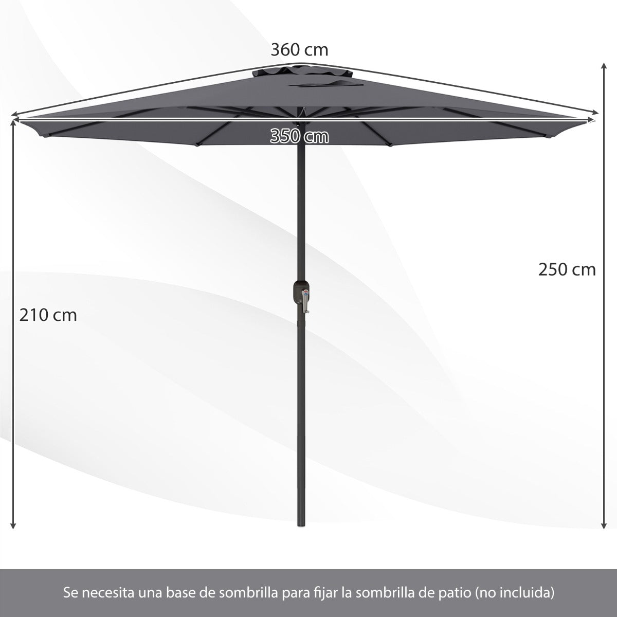 Sombrilla de Exterior con Mango de Manivela 8 Varillas Protector Solar y Resistente a la Lluvia para Jardín 360 x 250 cm-Gris