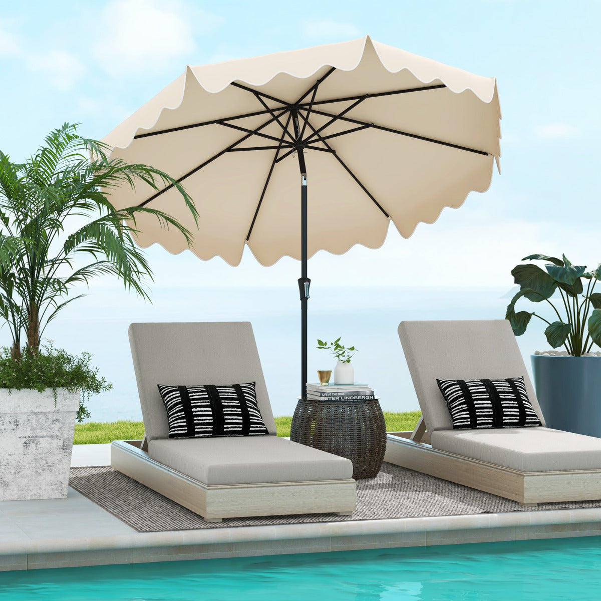 Sombrilla de Patio de 280 cm con Manivela Inclinación Bordes Rizados Dosel 8 Varillas Sombrilla de Mercado 2 Capas para Patio Jardín Beige