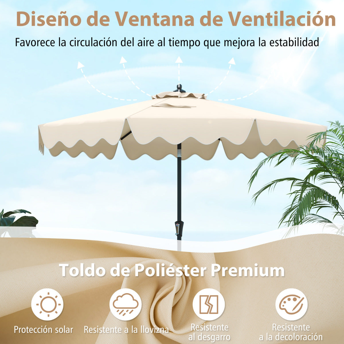 Sombrilla de Patio de 280 cm con Manivela Inclinación Bordes Rizados Dosel 8 Varillas Sombrilla de Mercado 2 Capas para Patio Jardín Beige